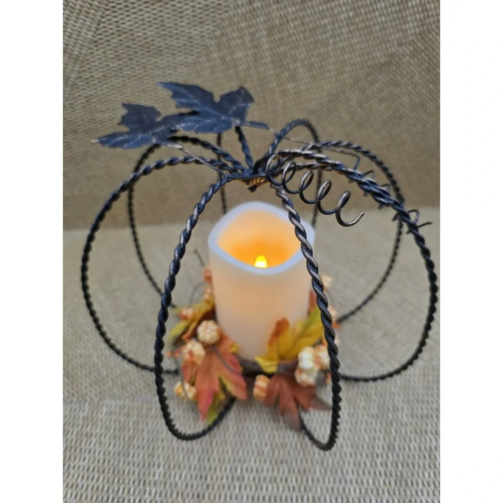Thanksgiving Autumn Fall Pumpkin‎ Candle Holder Metal Frame LED Flameless Candle